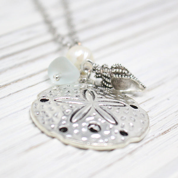 Lg Sand Dollar, Pearl & Sea Glass Pebble Necklace