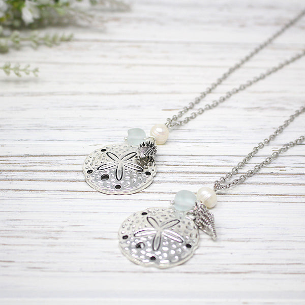 Lg Sand Dollar, Pearl & Sea Glass Pebble Necklace