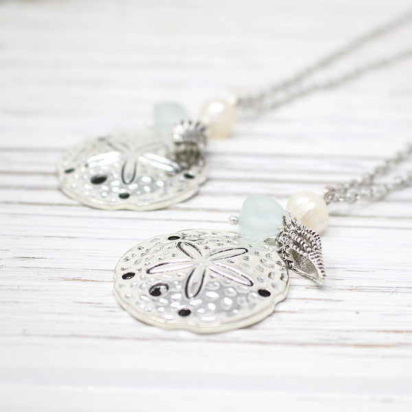 Lg Sand Dollar, Pearl & Sea Glass Pebble Necklace
