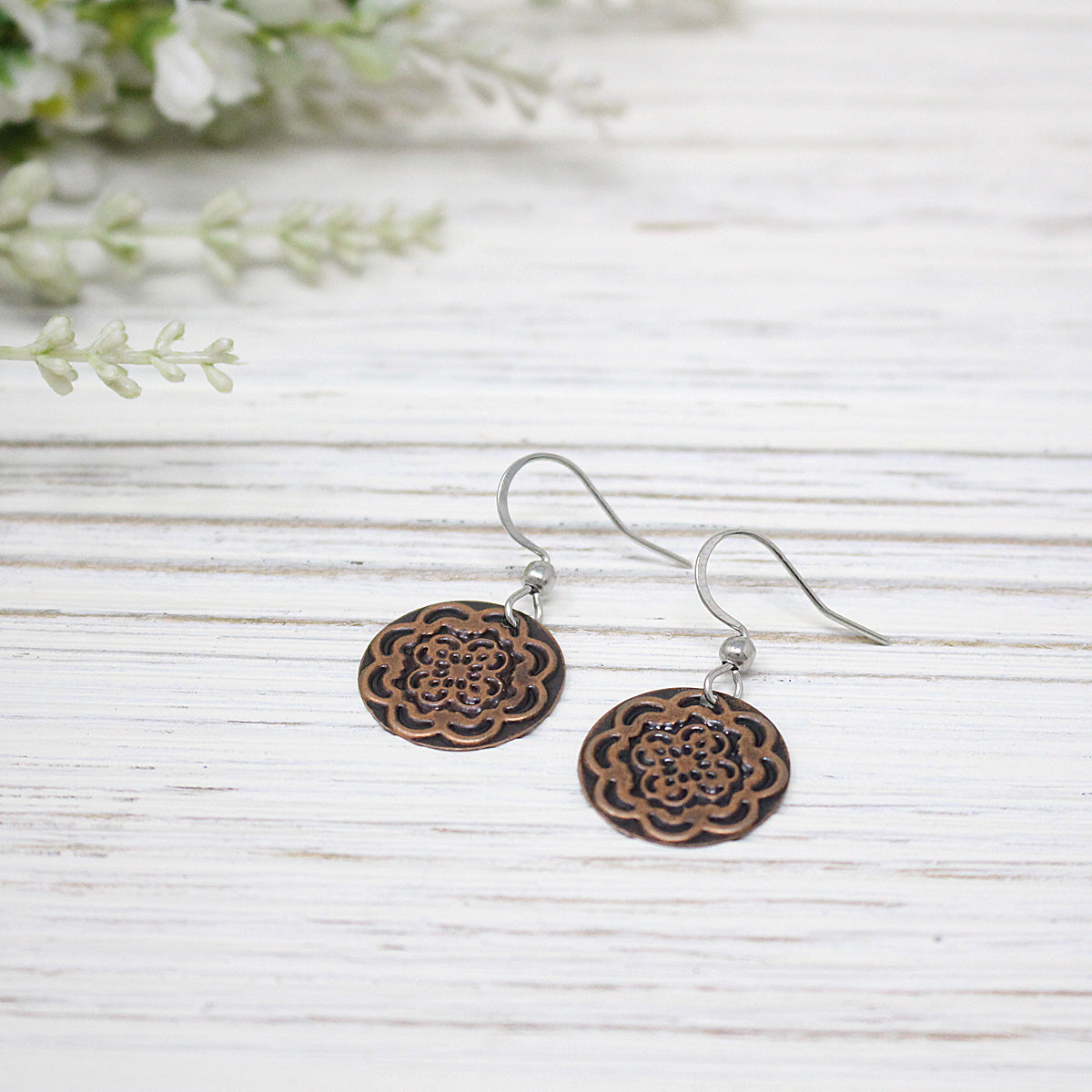 Copper Patina Round Floral Earring