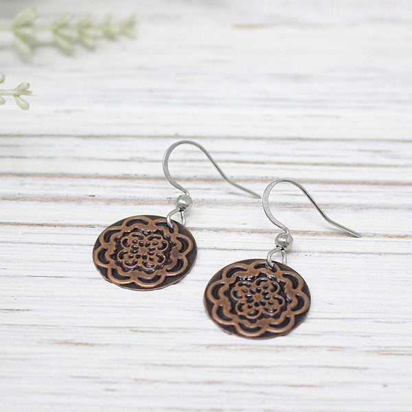 Copper Patina Round Floral Earring