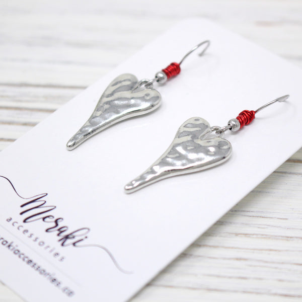 Long Red Wire & Hammered Heart Earrings