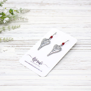 Long Red Wire & Hammered Heart Earrings