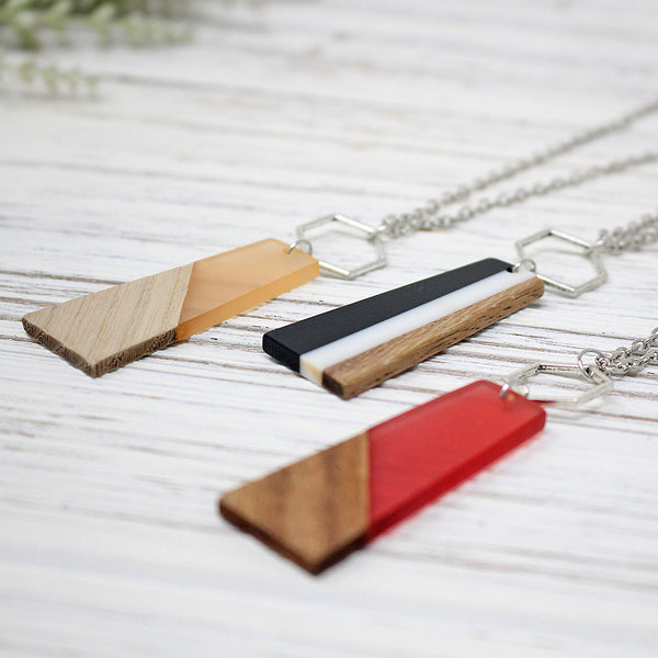 Hex and Trapezoid Walnut Wood Pendant Necklace