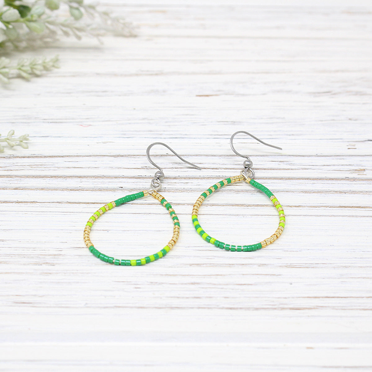 Dainty Beaded Teardrop Earrings, Green/ Lime Combo