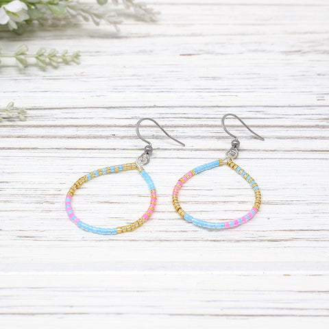 Dainty Beaded Teardrop Earrings, Pink/ Blue Combo