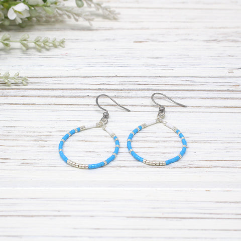 Dainty Beaded Teardrop Earrings, Lt Blue/ White Combo