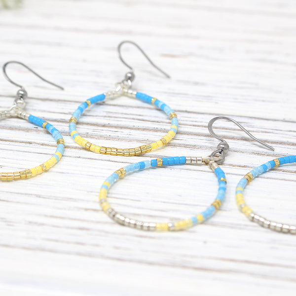 Dainty Beaded Teardrop Earring, Lt Blues/ Yellow