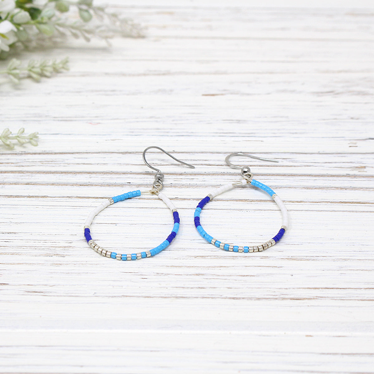 Dainty Beaded Teardrop Earrings, Blue/ White Combo