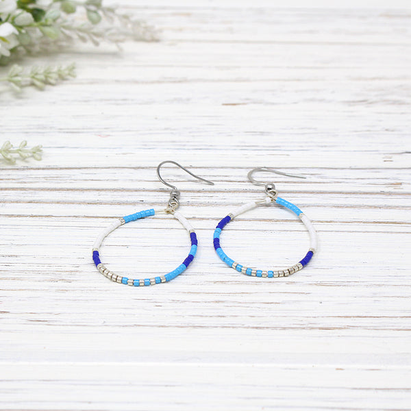 Dainty Beaded Teardrop Earrings, Blue/ White Combo
