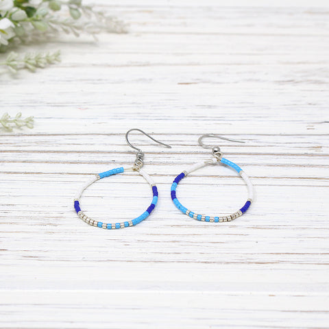 Dainty Beaded Teardrop Earrings, Blue/ White Combo