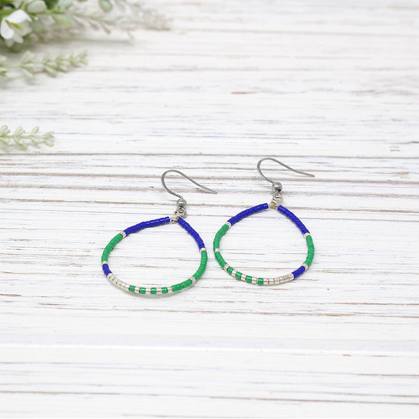 Dainty Beaded Teardrop Earrings, Royal/ Green Combo