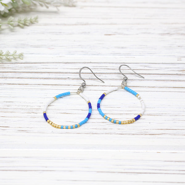 Dainty Beaded Teardrop Earrings, Blue/ White Combo
