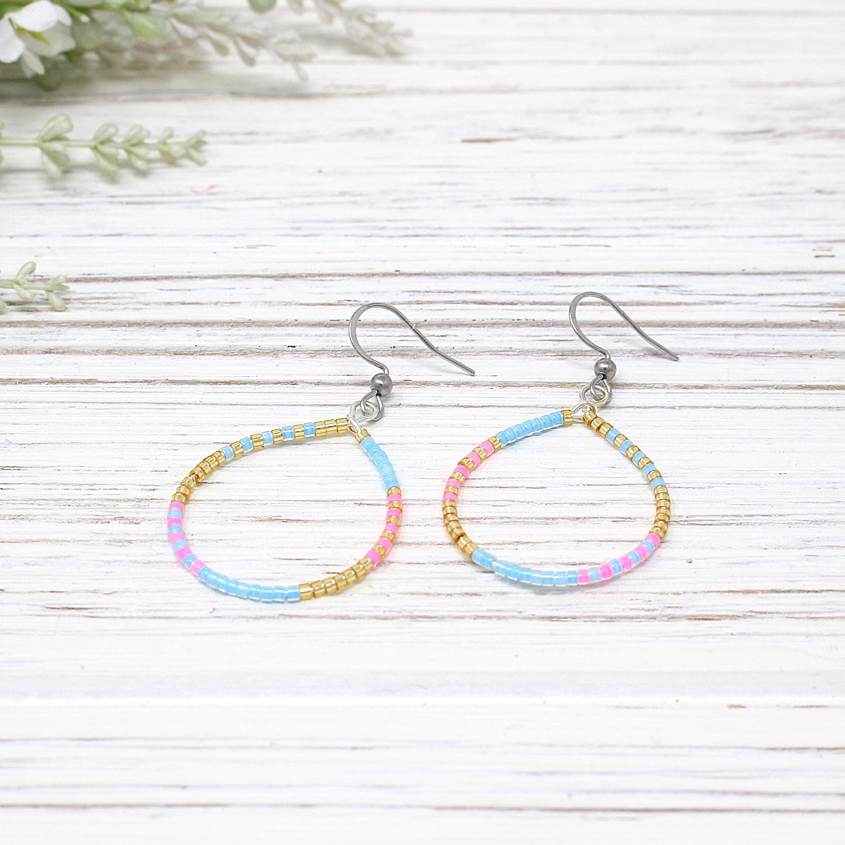 Dainty Beaded Teardrop Earrings, Pink/ Blue Combo
