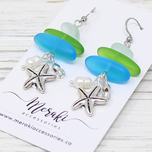 Stacked Sea Glass Earrings w/Starfish