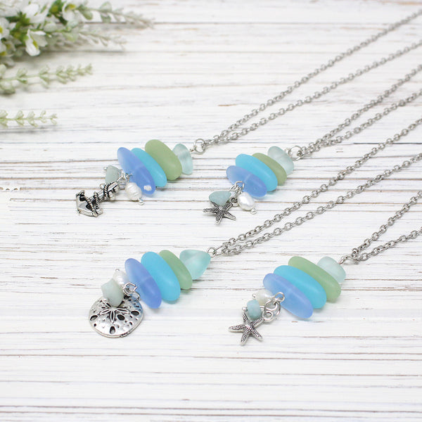 Stacked Sea Glass Necklace w/Beach Charm