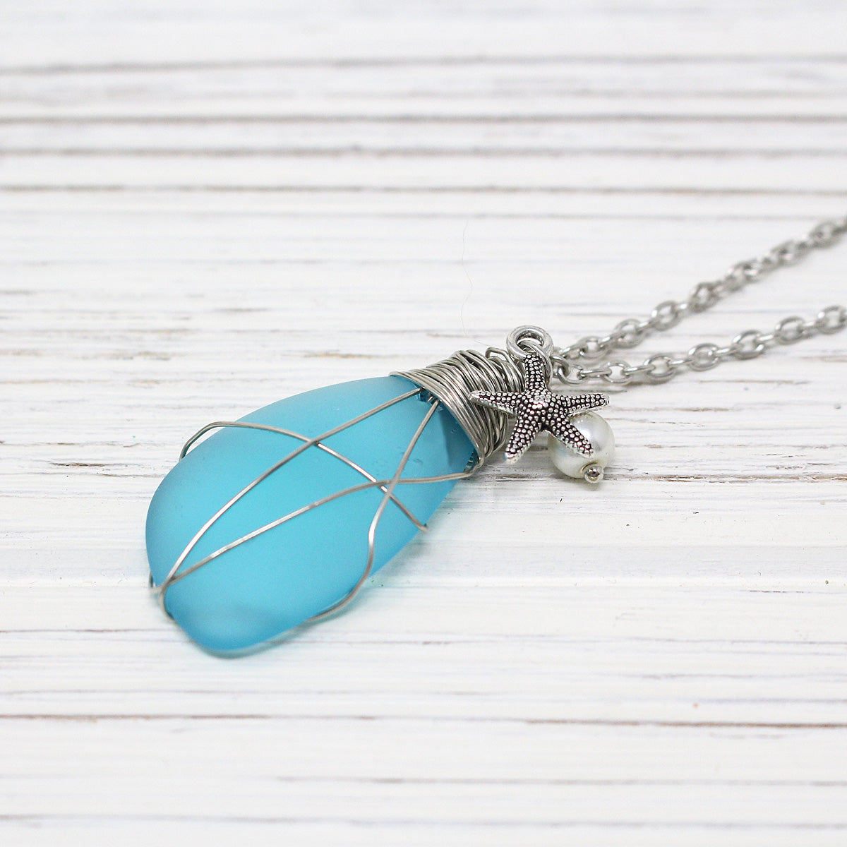 Sea Glass Pendant Necklace, Wire Wrapped