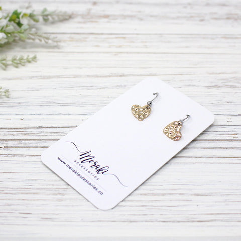 Mini Hammered Heart Earrings, Gold