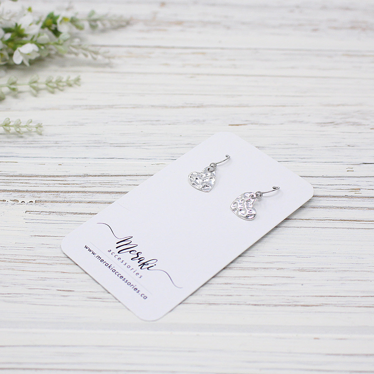 Mini Hammered Heart Earrings, Silver