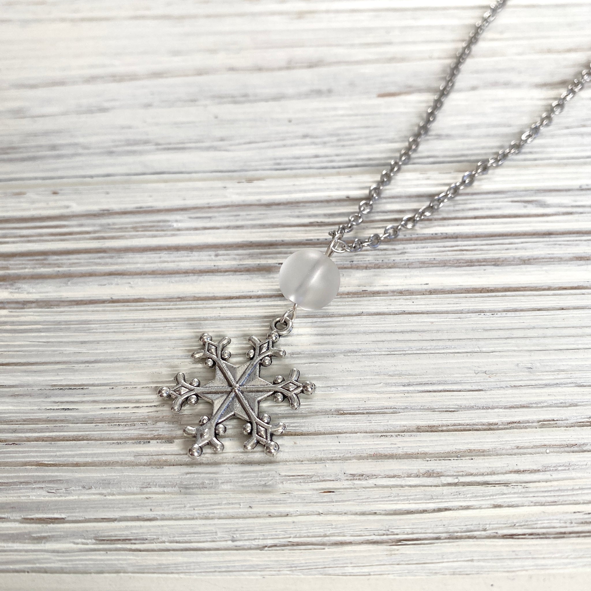 Snowflake with Frosted Ice Bead Necklace