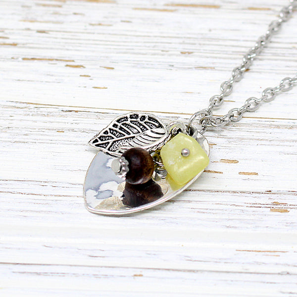 Three leaf charm with wood and stone bead necklace