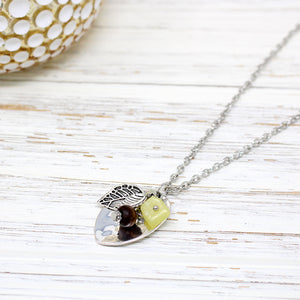 Three leaf charm with wood and stone bead necklace