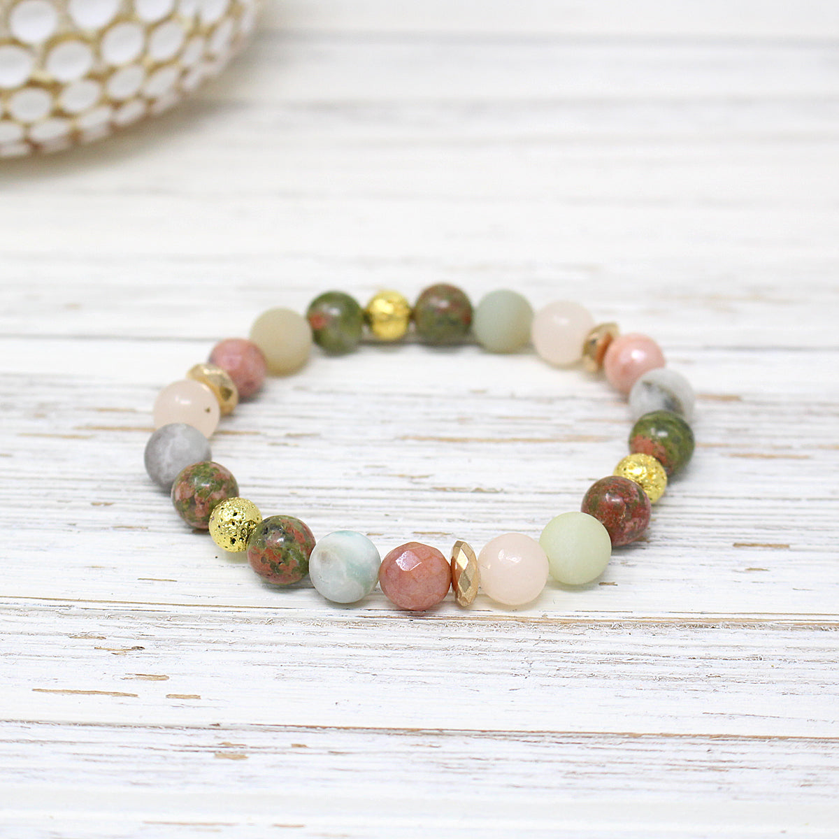 Peach and Green Unakite Natural Stone with Gold Diffuser Bead Bracelet