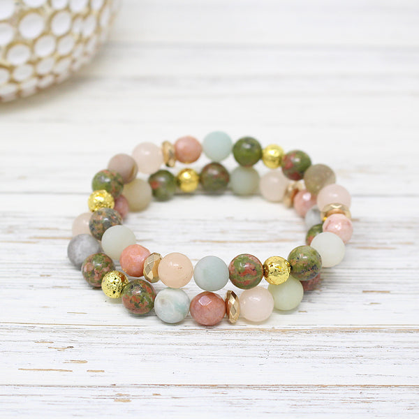 Peach and Green Unakite Natural Stone with Gold Diffuser Bead Bracelet