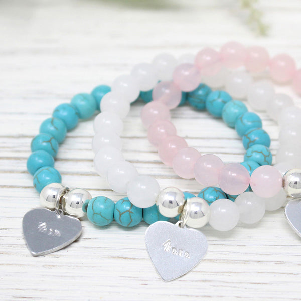 Gemstone Bracelet with "hand-stamped' heart charm