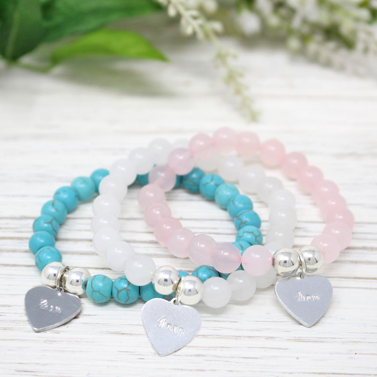 Gemstone Bracelet with "hand-stamped' heart charm